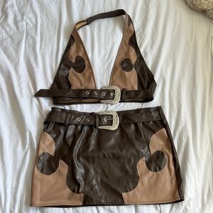 Super Cute Brown Leather Skirt Set